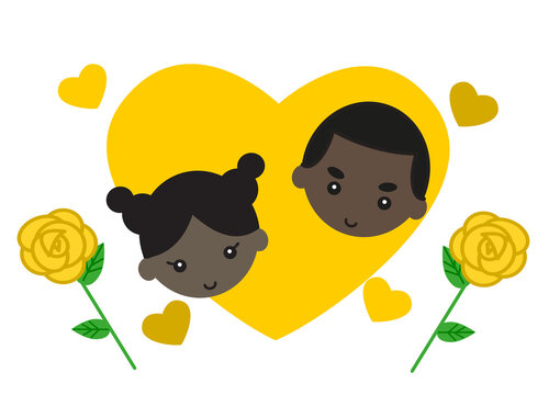 父の日　誕生日　黄色いハートの中で微笑むアフリカ系お父さんと女の子