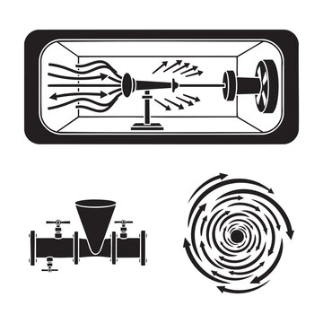 Fluid Dynamics Icons Wind Tunnel Venturi Meter Vortex Silhouette Vector Set