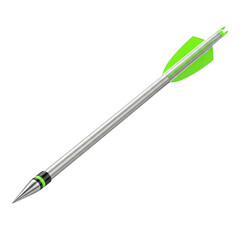 Fototapeta premium A single modern archery arrow constructed with a metallic shaft and bright green fletching vanes isolated on transparent background