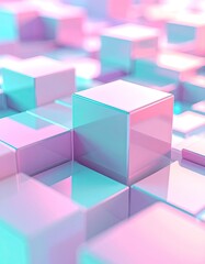 Fototapeta premium A vibrant abstract composition showcases a multitude of interconnected cubes bathed in a mesmerizing blend of pink and turquoise hues, creating a dynamic and visually striking digital artwork.