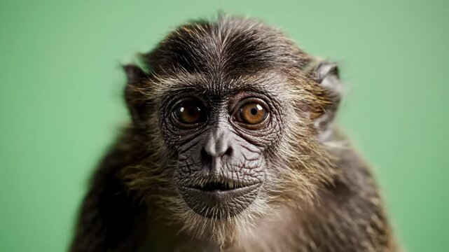 A close-up video of a monkey with a surprised expression on its face against a green background