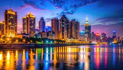 Obraz premium A vibrant cityscape reflects beautifully in the water at dusk, showcasing modern architecture and a colorful sky.