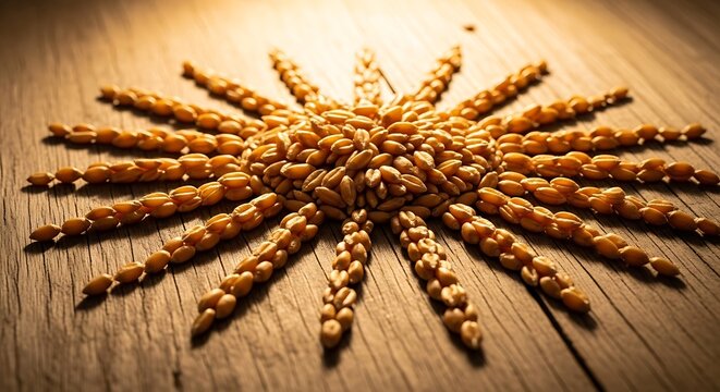 Wheat grains arranged in sun shape.