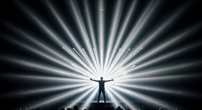 Silhouette in the Limelight: A lone figure, arms outstretched, stands enveloped in a radiant cascade of beams, emanating a dramatic and captivating mood of performance and light.
