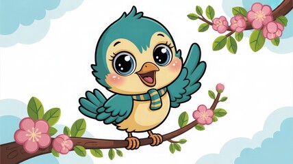 Obraz premium Cute Blue Bird Cartoon Illustration on Flower Branch with Spring Sky Background