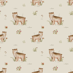 Watercolor seamless pattern with cute baby bear and woodland nursery for children with stump and acorn forest drawing with floral elements. Butterfly and spruce branch perfect for kids poster © kris_art