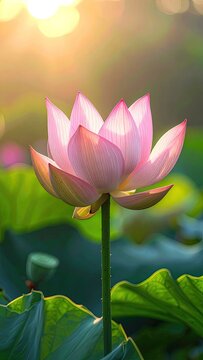 A vibrant pink lotus flower blooms gracefully in a tranquil pond, bathed in the warm glow of the setting sun, showcasing its delicate petals and serene beauty.
