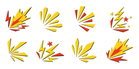 Vector set of pop art explosion elements and comic book burst icons on transparent background. Eight yellow and red lightning bolts, stars, and sharp spark shapes with black shadows. © Mila