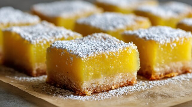 Lemon bars with a vibrant citrus custard layer set over a buttery shortbread crust and dusted generously with powdered sugar, arranged in perfect rows on parchment paper in crisp natural window light