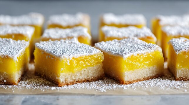 Lemon bars with a vibrant citrus custard layer set over a buttery shortbread crust and dusted generously with powdered sugar, arranged in perfect rows on parchment paper in crisp natural window light