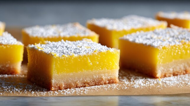 Lemon bars with a vibrant citrus custard layer set over a buttery shortbread crust and dusted generously with powdered sugar, arranged in perfect rows on parchment paper in crisp natural window light