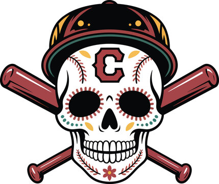 Sugar skull baseball mascot with crossed bats and team cap