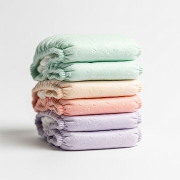 Stack of Folded Pastel Colored Cloth Diapers on White Background