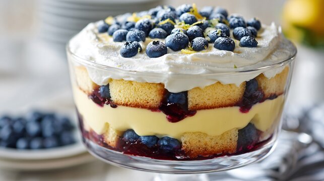 Lemon blueberry trifle layered beautifully in a glass bowl showing distinct layers of cake, custard, and berries in bright daylight