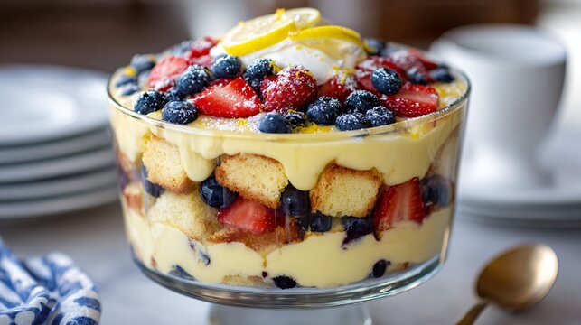 Lemon blueberry trifle layered beautifully in a glass bowl showing distinct layers of cake, custard, and berries in bright daylight