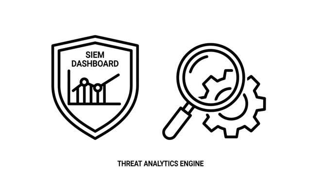 Siem dashboard shield and threat analytics engine icon with security, dashboard