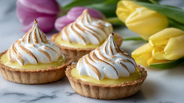 Lemon curd tartlets with buttery crusts and glossy bright filling topped with toasted meringue swirls, styled on a marble countertop with tulips in the background