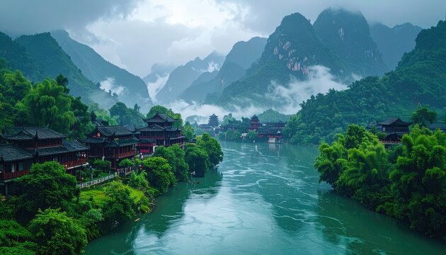 A picturesque view of traditional Chinese architecture nestled along a tranquil river, framed by towering, mist-shrouded mountains and lush greenery.