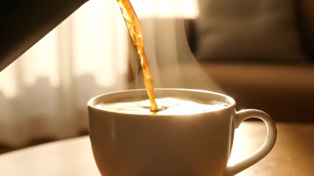 Hot coffee pouring into ceramic mug with steam
