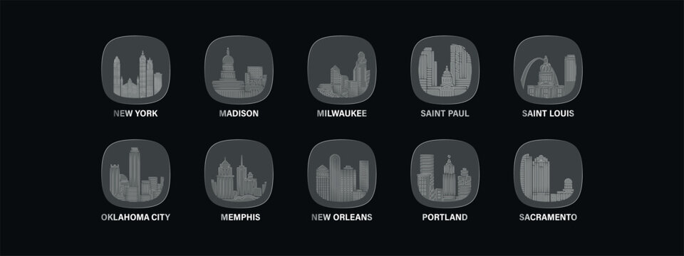 USA, American cities icons with glass, liquid effect. Set of cityscapes for interface design. Vector Madison, Memphis, Milwaukee, New Orleans, Oklahoma City, Portland skylines