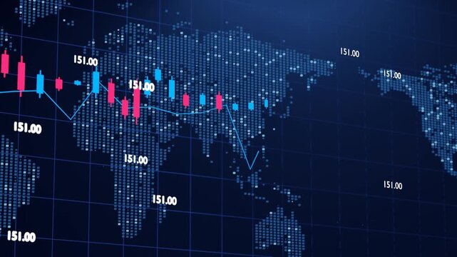 Digital chart overlays global map with rising and falling price bars
