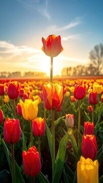 A vibrant field of tulips basks in the golden light of a setting sun, showcasing a stunning display of red and yellow blooms.