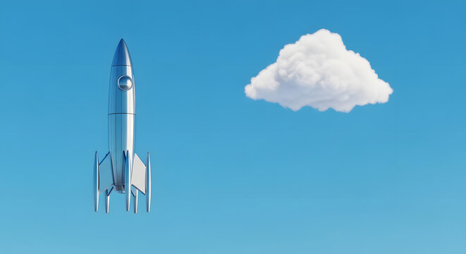 Rocket to Cloud Nine: A sleek, metallic rocket ascends into a boundless sky, its trajectory leading directly towards a fluffy, inviting cloud.