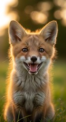 Fototapeta premium Cute young fox sitting in grass.