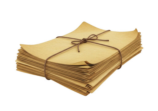 A stack of vintage aged paper sheets bundled together tightly with a rustic dark brown string isolated on transparent background