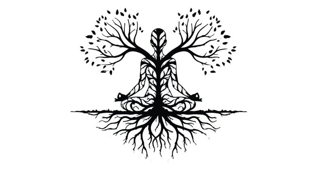 Meditating figure with branches and roots symbolizing growth and connection to nature