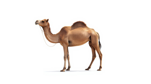 Vibrant cinematic camel standing isolated on white background with chain on neck and hump