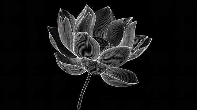 Monochrome line art illustration of a detailed lotus flower blooming in darkness.