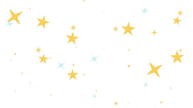Stars sparkles falling effect video overlay. Celestial starbursts. Animated 2D flat objects cascading down on transparent background. Dynamic layer animation. Motion graphics with alpha channel