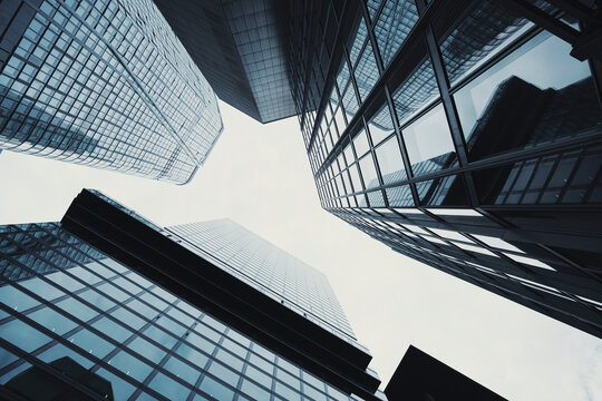 Reflections on glass skyscrapers seen in upward perspective around office architecture in Frankfurt Bankenviertel Germany for corporate finance narratives