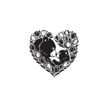 Mother Bear and baby bear in a heart vector silhouette sketch
