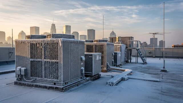Rooftop HVAC Units on a Commercial Building with City Skyline in the Background.