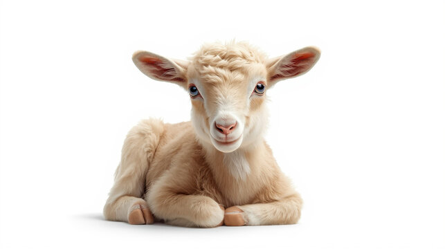 Adorable light brown lamb lying down looking cute with big eyes on white background