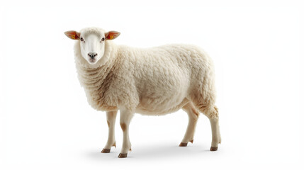 Fototapeta premium A white sheep standing alone on a plain white background looking directly at the camera with its fluffy wool and brown ears