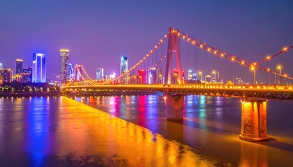 Fototapeta premium A stunning nighttime view of a modern suspension bridge illuminated with vibrant colors, spanning a river and showcasing a sprawling cityscape.