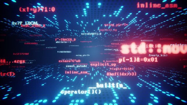 Programming code flying through a digital information cyberspace. Seamless loop.