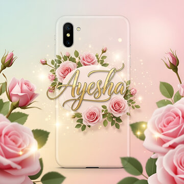 Luxury Floral Name Mobile Cover Design &ndash; Ayesha in Golden Calligraphy