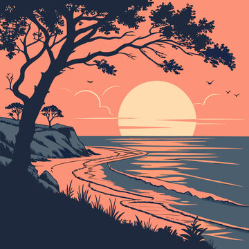 Sunset beach landscape with silhouetted tree and coastal cliff over ocean