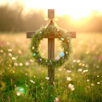 Cross adorned with Easter wreath in blooming field