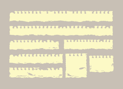 Set of light yellow ripped notebook paper strips with torn spiral edges and realistic paper textures on beige background vector illustration