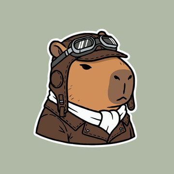 A cartoon capybara wearing a brown aviator outfit and goggles. Aviator capybara icon