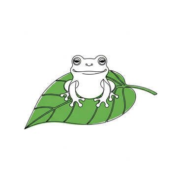 White Cartoon Frog Sitting on Leaf.