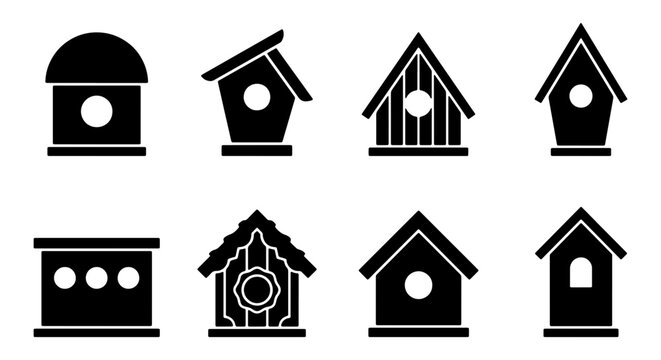 Minimalist birdhouse icon set, 8 black silhouette bird house vector elements, garden nesting box illustrations for wildlife conservation and backyard decor