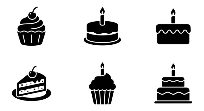 Black cake icon set with 6 vector elements, minimalist birthday cake and cupcake symbols, sweet dessert bakery graphics for celebration menus