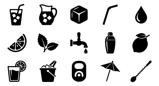 Refreshing beverage and cocktail icons set, 15 black vector symbols for bar menus, cold drink preparation and summer party graphics