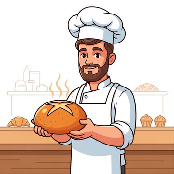 Smiling Baker Holding Freshly Baked Bread.